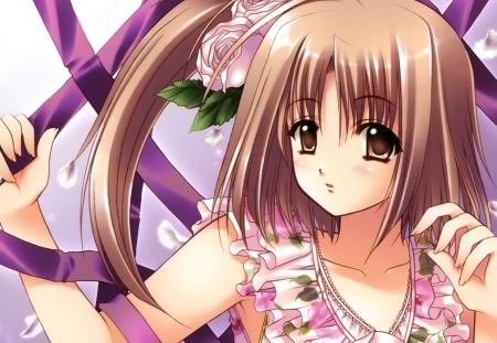 Purple Ribbon - beauty, nice, female, brown eyes, hot, anime girl, rose, brown hair, pretty, petals, anime, ribbon, cute, short hair, sexy, girl, lovely, floral, beautiful, blossom, sweet, flower