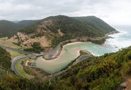 beautiful coastline road - estuary, road, coast, hills, sea