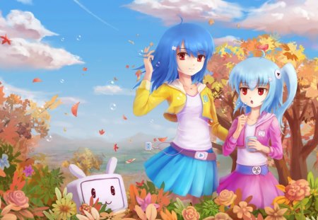 Blue Hair Bubbles - nice, beauty, autumn, sky, female, field, anime girl, bubbles, wind, red eyes, windy, pretty, cloud, petals, anime, cute, short hair, adorable, girl, long hair, lovely, jacket, blue hair, kawaii, floral, beautiful, blossom, leaves, sweet, breeze, flower, adore