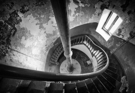 by James Drury - staircase, black and white, spiral, photography