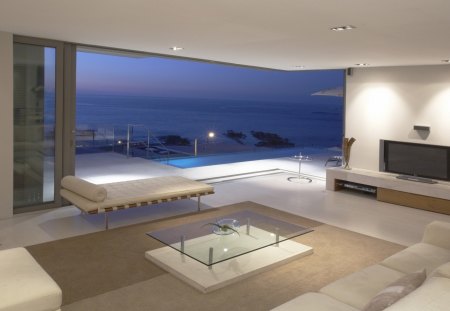 modern living room with exceptional view - pool, view, couch, doore, living room