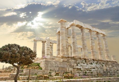 fabulous ancient greek ruins - ancient, ruins, clouds, tree, sun rays