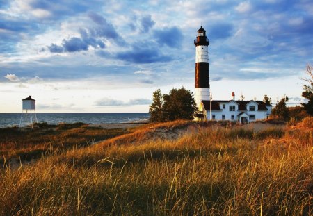 wonderful lighthouse on lake michigan - lake, lighthouse, clouds, grass