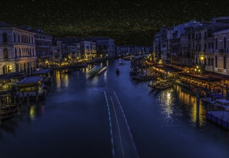 Venice at night - water, Venice, romantic, beautiful, gondola, night, lovely, reflection, dark, view, lights, Italy, place