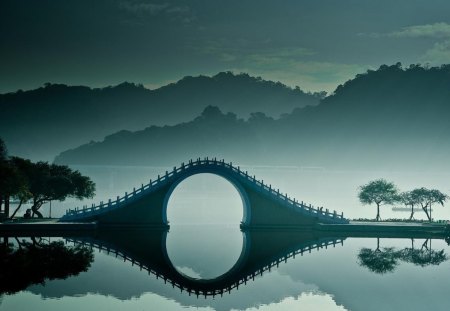 fantastic bridge on misty lake - arch, lake, mountains, bridge, mist