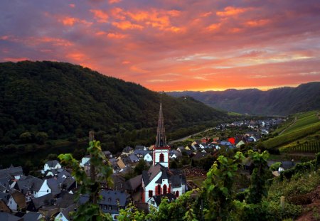 wondrous town in the valley - mountains, town, clouds, river, valley, sunset