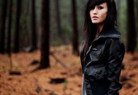 alone girl - style, forest, jacket, trees, autumn, grass