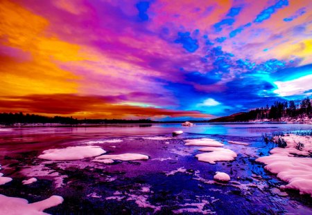 SUNSET HORIZON - river, ice, winter, sunset, snow, colors