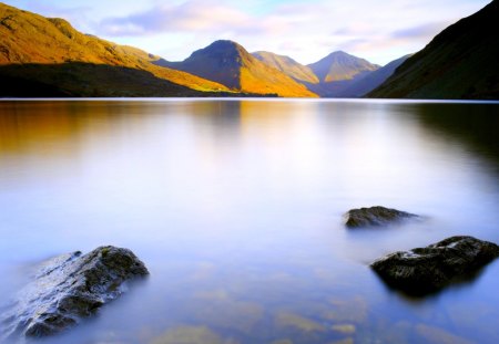 CALM LAKE - lake, mountains, rocks, shadow