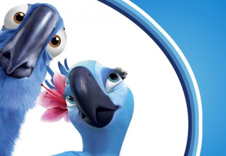 Rio (2011) - love, couple, movie, black, white, pink, parrot, 2011, blue, birs, disney, cute, flower, rio