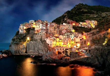 magnificent italian seaside town at night - town, lights, cliff, seaside, night