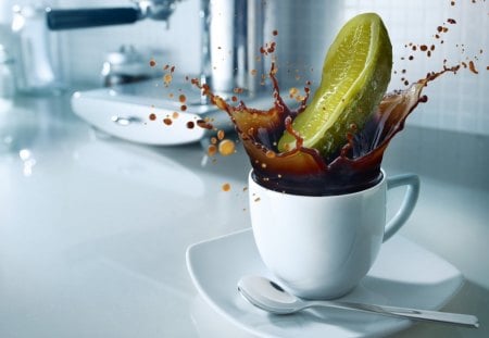 Ups! - white, porcelain, funny, coffee, morning, cucumber, cup