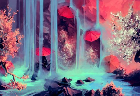 Waterfall and umbrellas - aqua, bloom, water, waterfall, white, red, umbrella, blue, pink, tree, flower