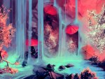 Waterfall and umbrellas