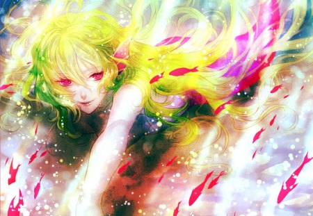 Anime girl - elf, girl, underwater, yellow, pink, blue, green, anime, fish, manga