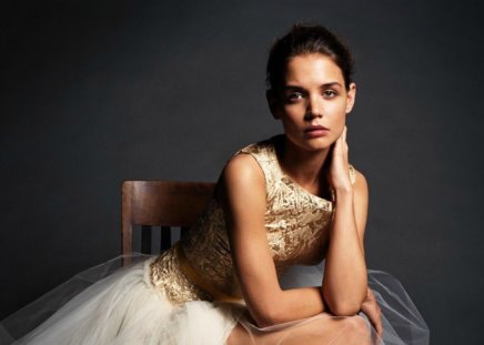 Katie Holmes - black, beauty, model, actress, girl, dress, white, katie holmes, golden, movie, woman