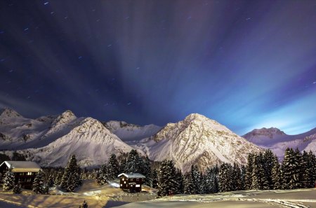 Mountain Cabins in Winter - trees, landscape, snow, cottages, mounatins