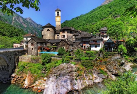 gorgeous little town across the bridge - bridgemriver, town, mountains, church, valley