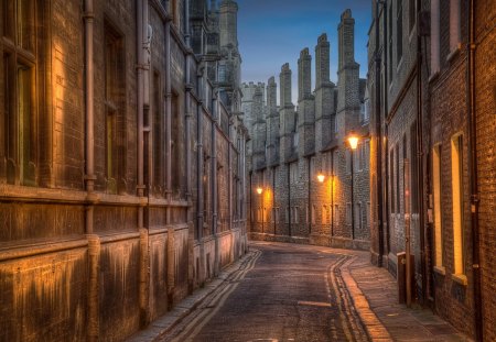 historical trinity lane in cambridge england hdr - cobblestones, street, chimneys, cobblestone, city, hdr, old, lights, lane