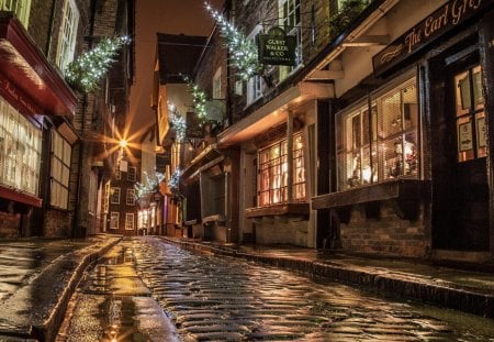 beautiful side street at christmas in england hdr - street, christmas, lights, hdr, cobblestones, wet, sotres