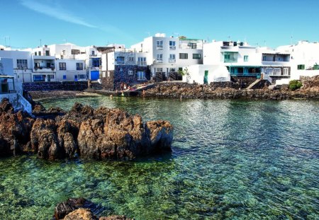 wonderful greek seaside village hdr - white, rocks, people, village, sea, hdr