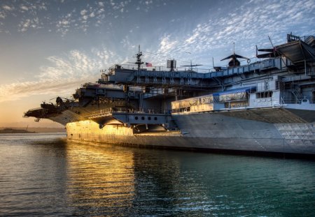 fantastic old aircraft carrier hdr - planes, aircraft carrier, harbor, sunset, hdr