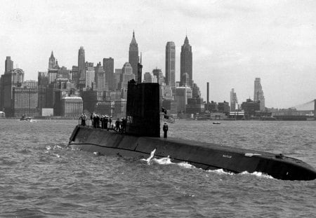 vintage photo of the nautilus entering nyc harbor - vintage, city, harbor, bridge, submarine