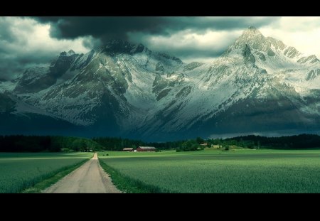 fantastic mountains above beautiful farms - farms, mountains, fields, clouds