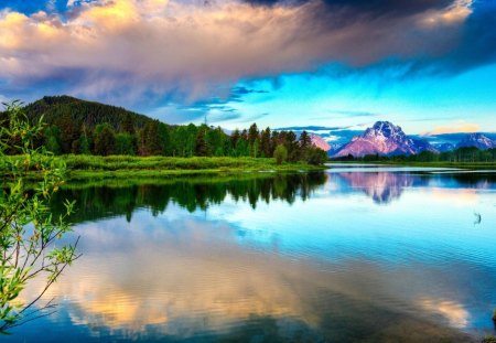 great colorful nature landscape - lake, forest, clouds, mountains, colors