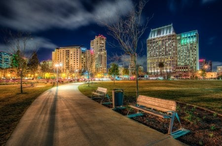 City Lights - clouds, San Diego, alley, skyline, benches, city, city lights, buildings, lights, skyscrapers, bench, sky