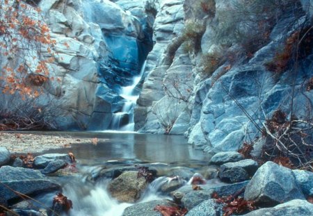 waterfall in a rock ravine - leaves, ravine, waterfall, pool, rocks