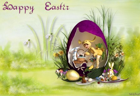 Painting Bunny - easter, bunny, spring, eggs, purple, pink, holiday, green, colors