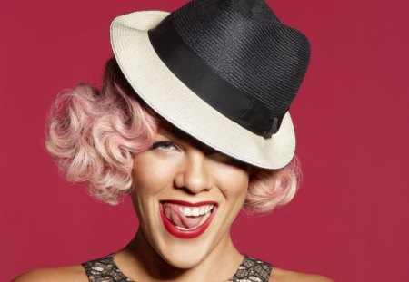 Pink - blondie, pink hair, hat, sexy, smile, pop singer