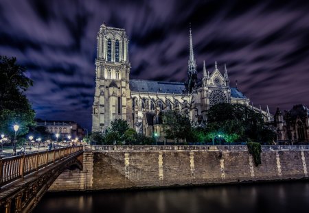 notre dame cathedral by the seine river hdr - popular, night, wallpaper, tower, river, clouds, architecture, hdr, cathedral, notre dame, bridge