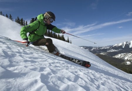 Skiing Down the Slope - slope, sky, mountain, people, skiing, winter, nature, white, person, cold, clouds, snow, skies, green