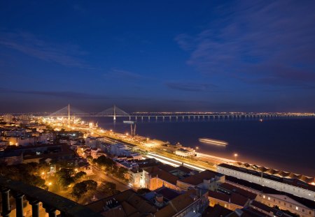 great harbor bridge from a balcony - city, night, waterfront, bridge, lights