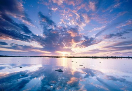 Lake-clouds - clouds, Sunset, Lake, trees