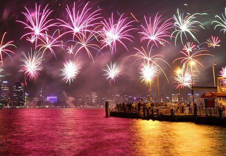 fireworks above a colorful harbor - people, city, harbor, fireworks, docks