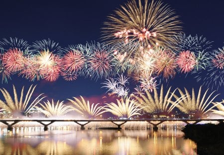 fantastic fireworks above a bridge - reflections, river, fireworks, bridge