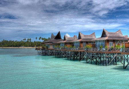 amazing bungalows in paradise - trees, sea, bungalows, island