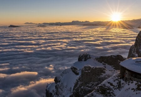 Sunset - mountains, sunset, clouds, snow