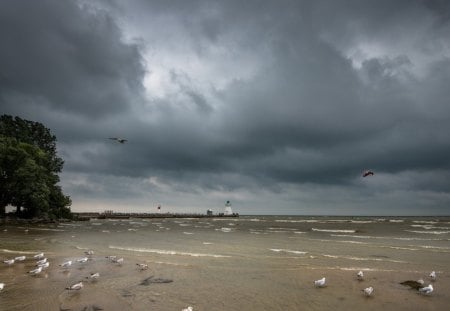 lighthouse on a pier under stormy clouds - pier, beach, lighthouse, parachute, birds