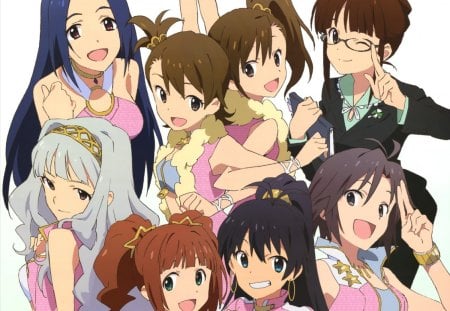 ~Idolmaster~ - girls, pink outfits, smiles, anime, idolmaster, friends, wink, happy