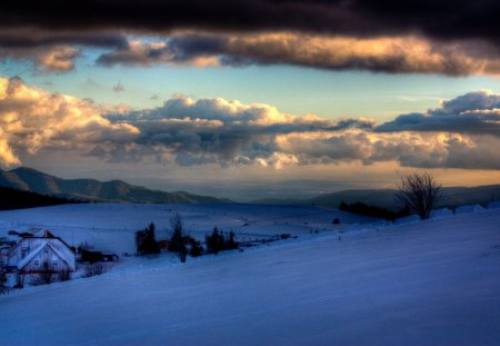 farm in winter hdr - farm, hills, winter, clouds