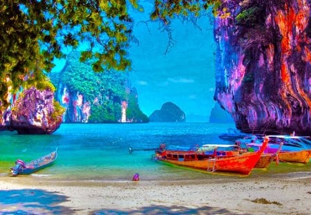 unreal - nature, colorful, water, boats