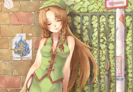 Hong Meiling - pretty, anime, female, hong meiling, long hair, leaves, oriental, touhou, nice, anime girl, hot, girl, chinese, lovely, brown hair, sweet, fence, meiling, braids, cute, sexy, wall