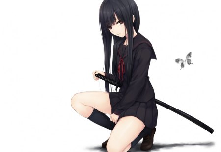 Black Katana - anime, female, warrior, long hair, dark, uniform, plain, katana, weapon, brown eyes, anime girl, hot, girl, sword, simple, blade, school uniform, black, white, ninja, black hair, butterfly, cute, sexy