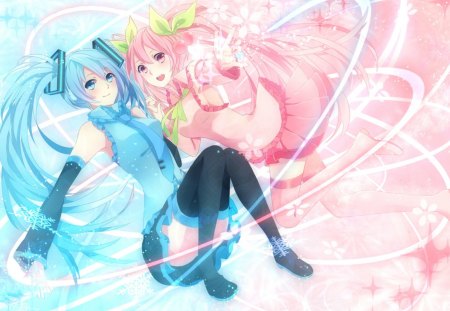 Hatsune & Sakura Miku - hatsune miku, winter, snowflakes, sakura miku, spring, cherries, pink, vocaloid, blue, seasons, anime, flowers, sisters