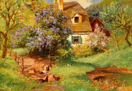 Pretty countryside - pretty, quiet, blossoms, summer, grass, spring, calmness, countryside, nice, cottage, house, trees, beautiful, slope, lovely, freshness, rustic, blooming, tree, village, painting, serenity, peaceful, animals