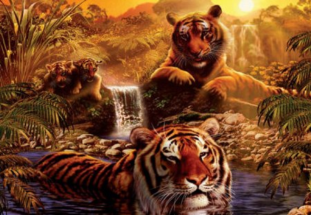 World of Tigers - predator, landscape, artwork, sun, tiger